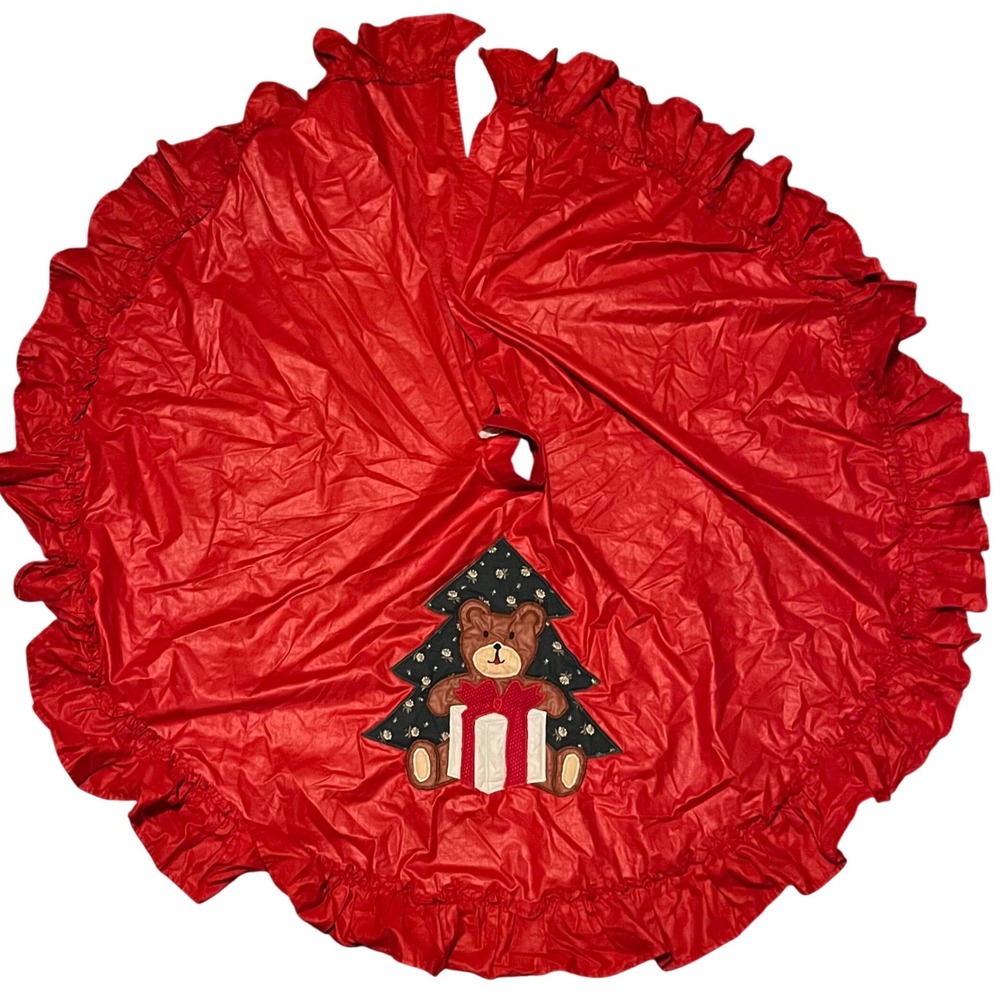 Christmas Goose Red Ruffled Tree Skirt 48 inch Teddy Bear Applique Holiday Decor